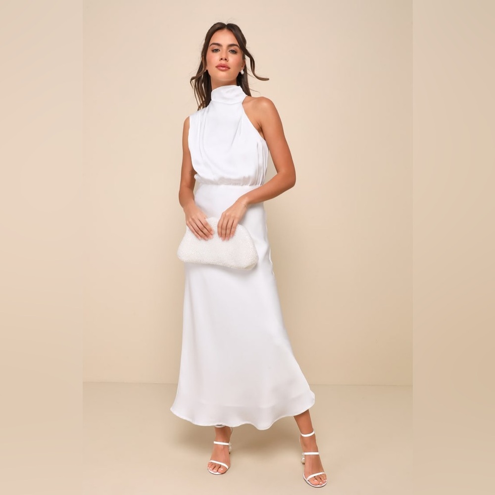 LULU’S Mock Neck Asymmetric Satin Dress